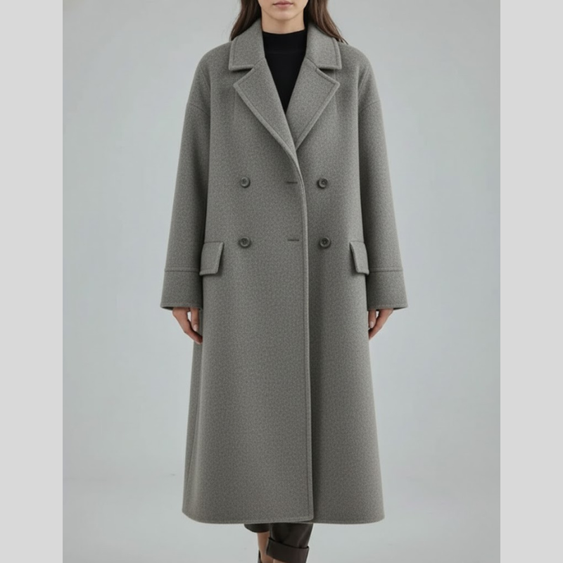 Elegancki, dwurzędowy, długi płaszcz damski – styl gotowy na zimę