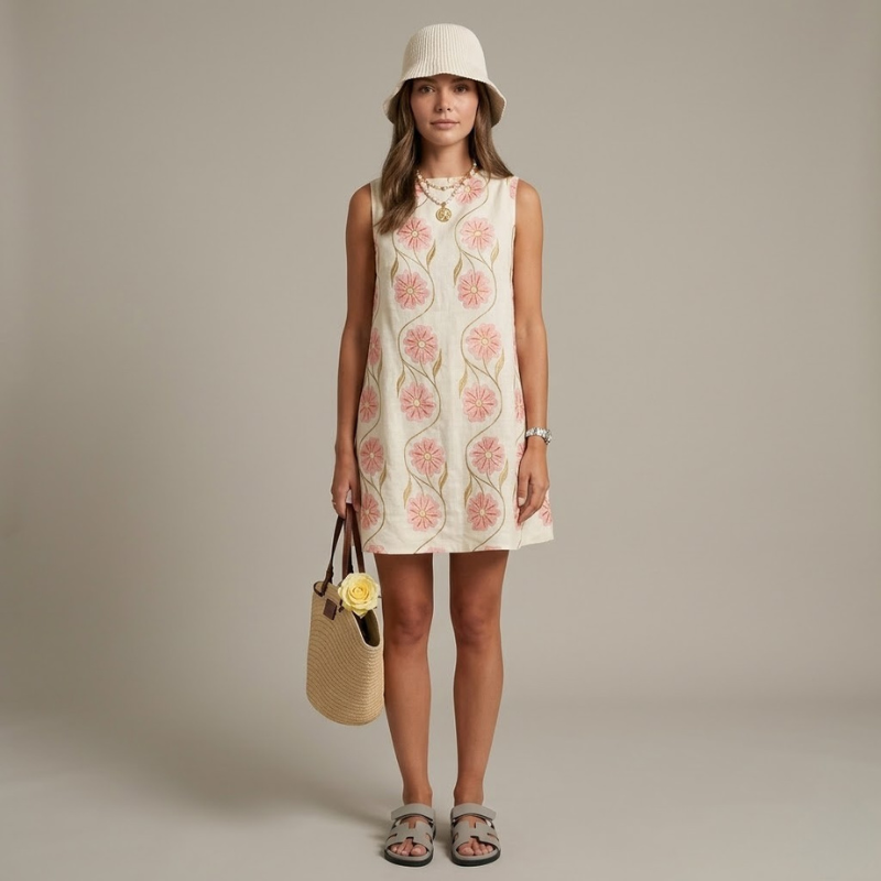 Przewiewna sukienka bez rękawów z mieszanki lnu o kroju litery A – elegancki, lekki strój na lato dla kobiet