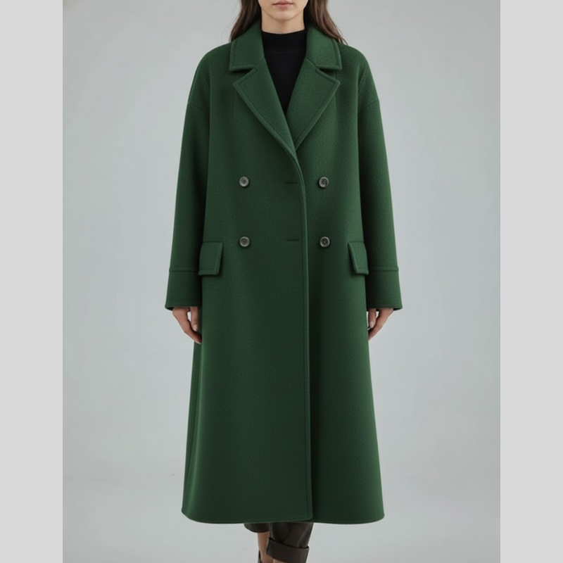 Elegancki, dwurzędowy, długi płaszcz damski – styl gotowy na zimę