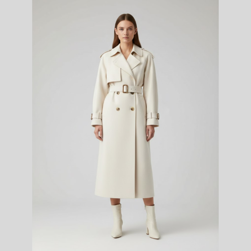 Klasyczny długi płaszcz damski typu trencz – ponadczasowa zimowa odzież wierzchnia