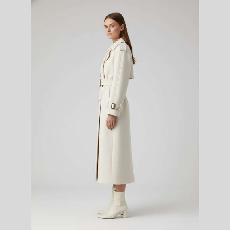 Klasyczny długi płaszcz damski typu trencz – ponadczasowa zimowa odzież wierzchnia