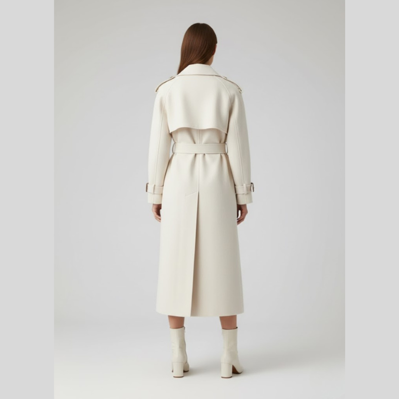 Klasyczny długi płaszcz damski typu trencz – ponadczasowa zimowa odzież wierzchnia