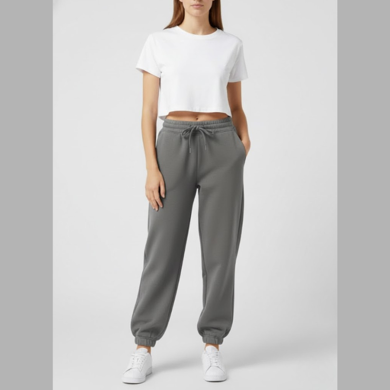 Damskie spodnie dresowe oversize – podwyższony, swobodny strój z wysokim stanem