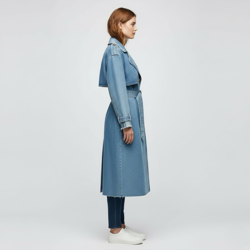 Damski długi trencz z paskiem – ponadczasowa elegancja podkreślająca talię