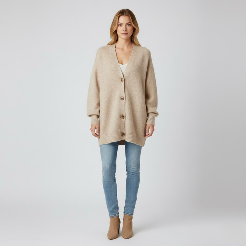 Elegancki damski długi kardigan zapinany na guziki – niezbędny element zimowej, przytulnej stylizacji warstwowej