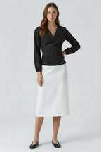 Elegant striped blouse with V-neck – long sleeves with elegant tie at the back
