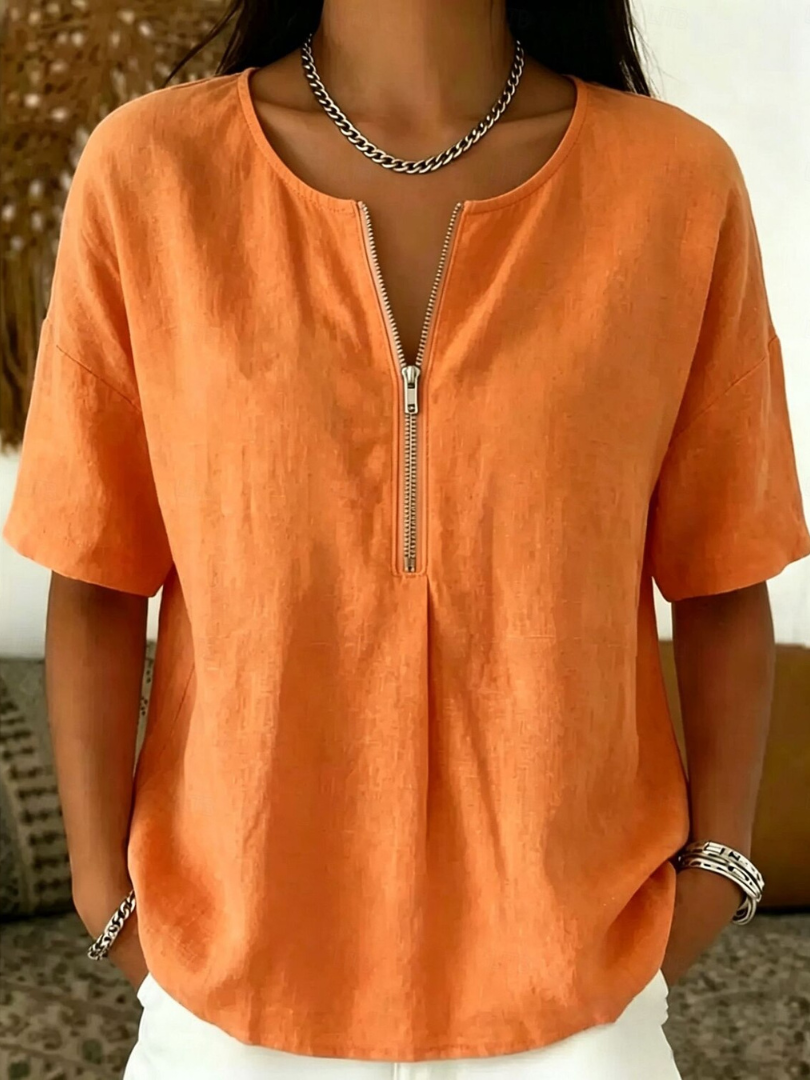 Marielle | Women's cotton and linen blouse – loose fit, V-neck with buttons