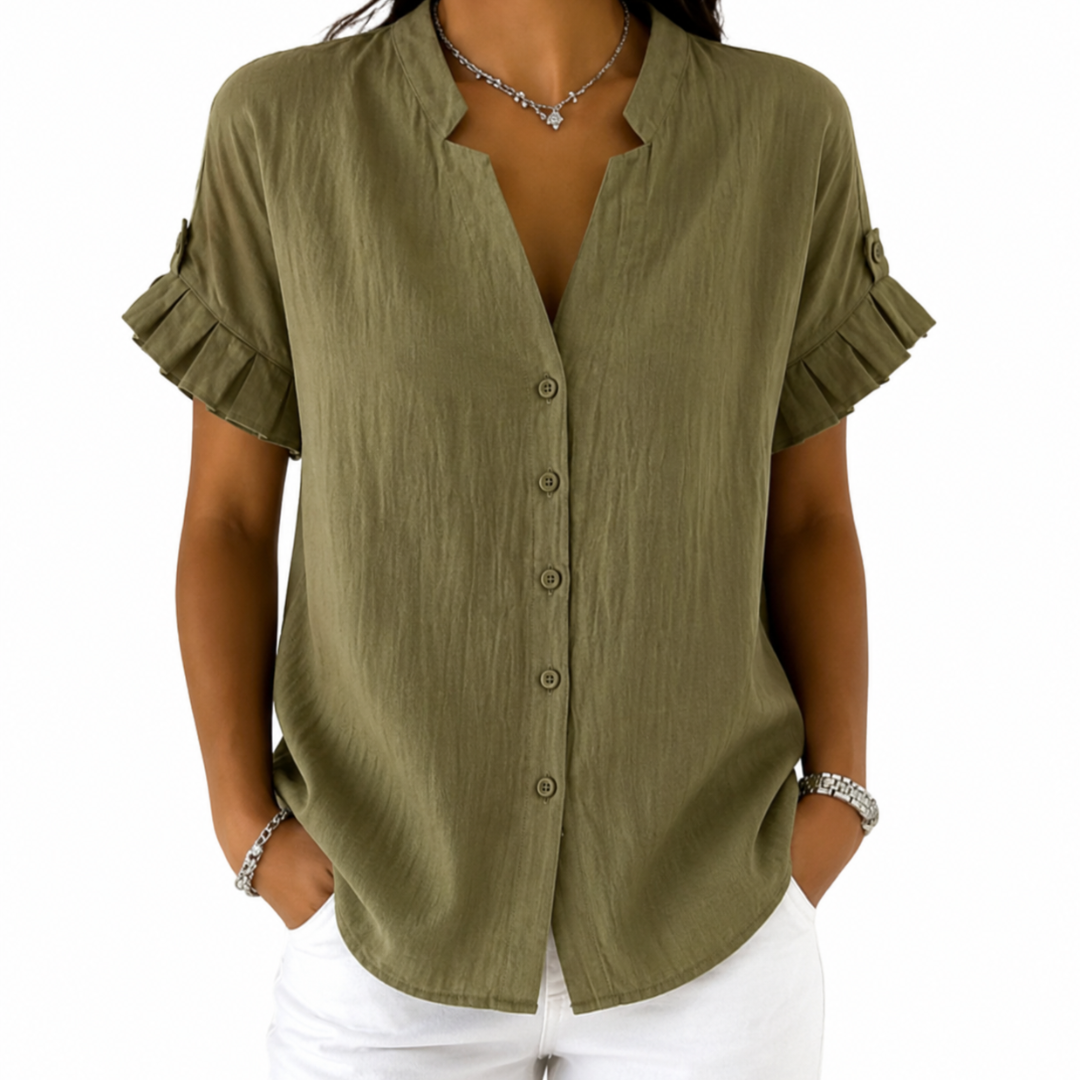 Eriselle | Women's V-neck shirt – loose fit, short sleeve, button-down