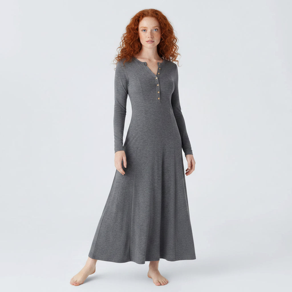 Stylowa długa sukienka Henley – rozkloszowana, długa sukienka z wygodnym, swobodnym krojem