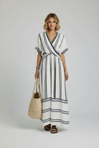 Women's Striped Maxi Wrap Dress – Elegant Summer Style with a Chic, Flattering Silhouette