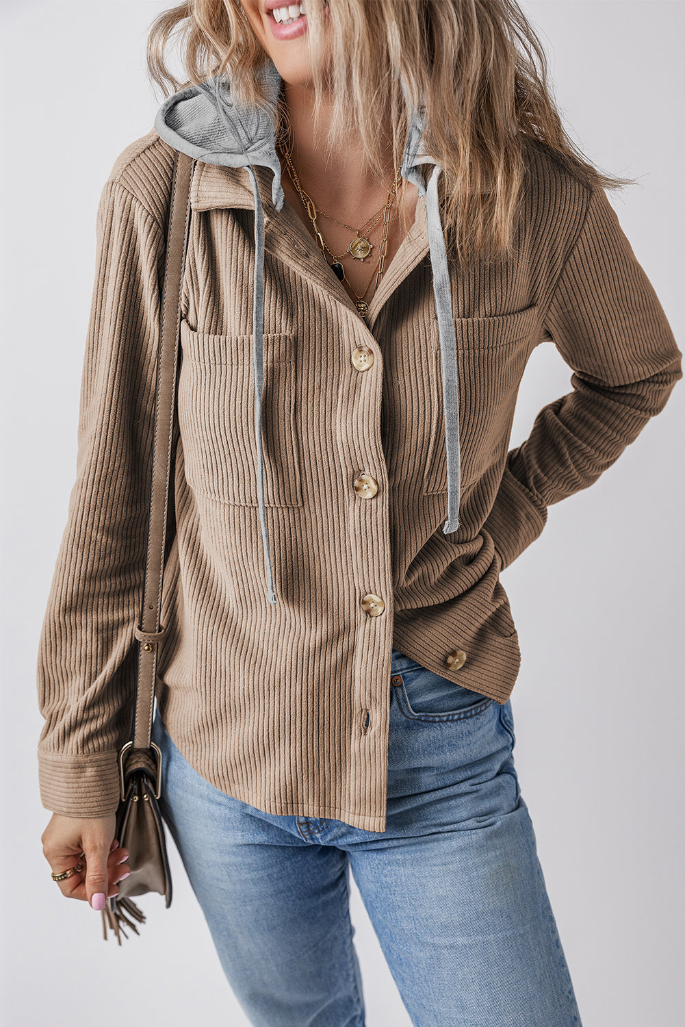 Thessara | Women's Corduroy Short Coat - Button-Up Hooded Jacket