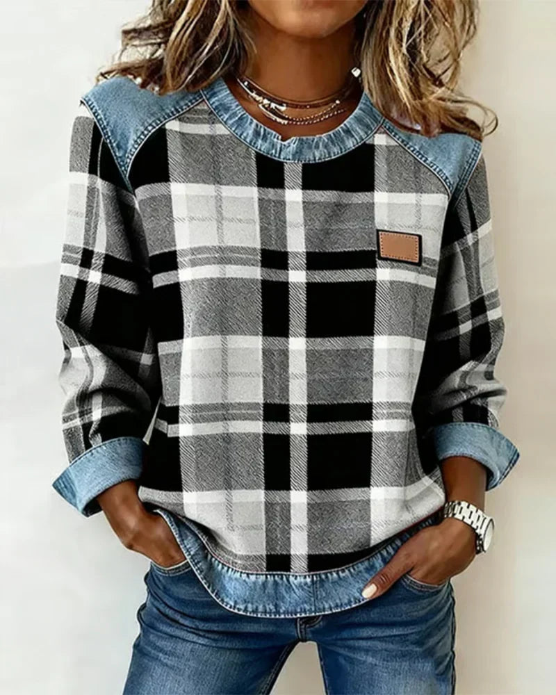 Clover | Damska sweter z patchworku z dżinsu – sweter z długim rękawem z dzianiny w kratę