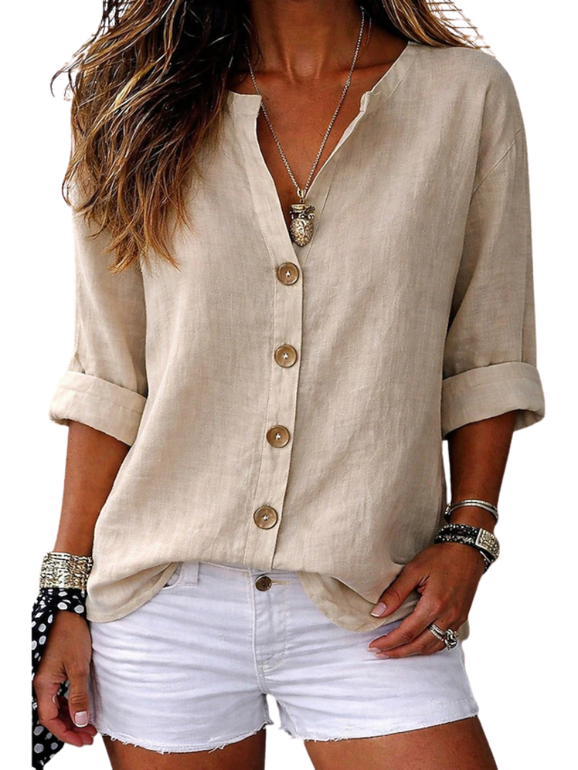 Valoria | Women's loose linen V-neck blouse – long sleeve