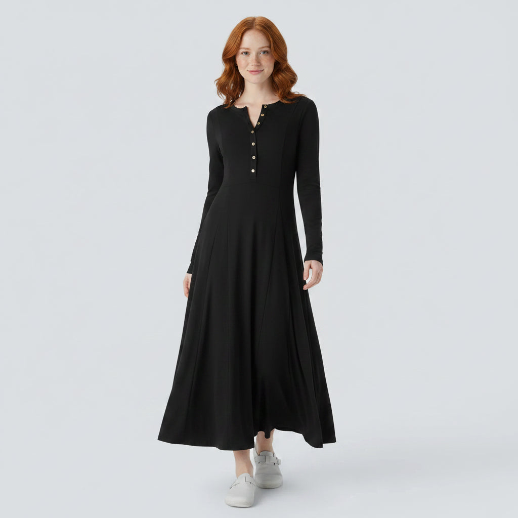 Stylowa długa sukienka Henley – rozkloszowana, długa sukienka z wygodnym, swobodnym krojem