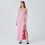 Sleeveless maxi dress - V-neck with elegant ruffled hem