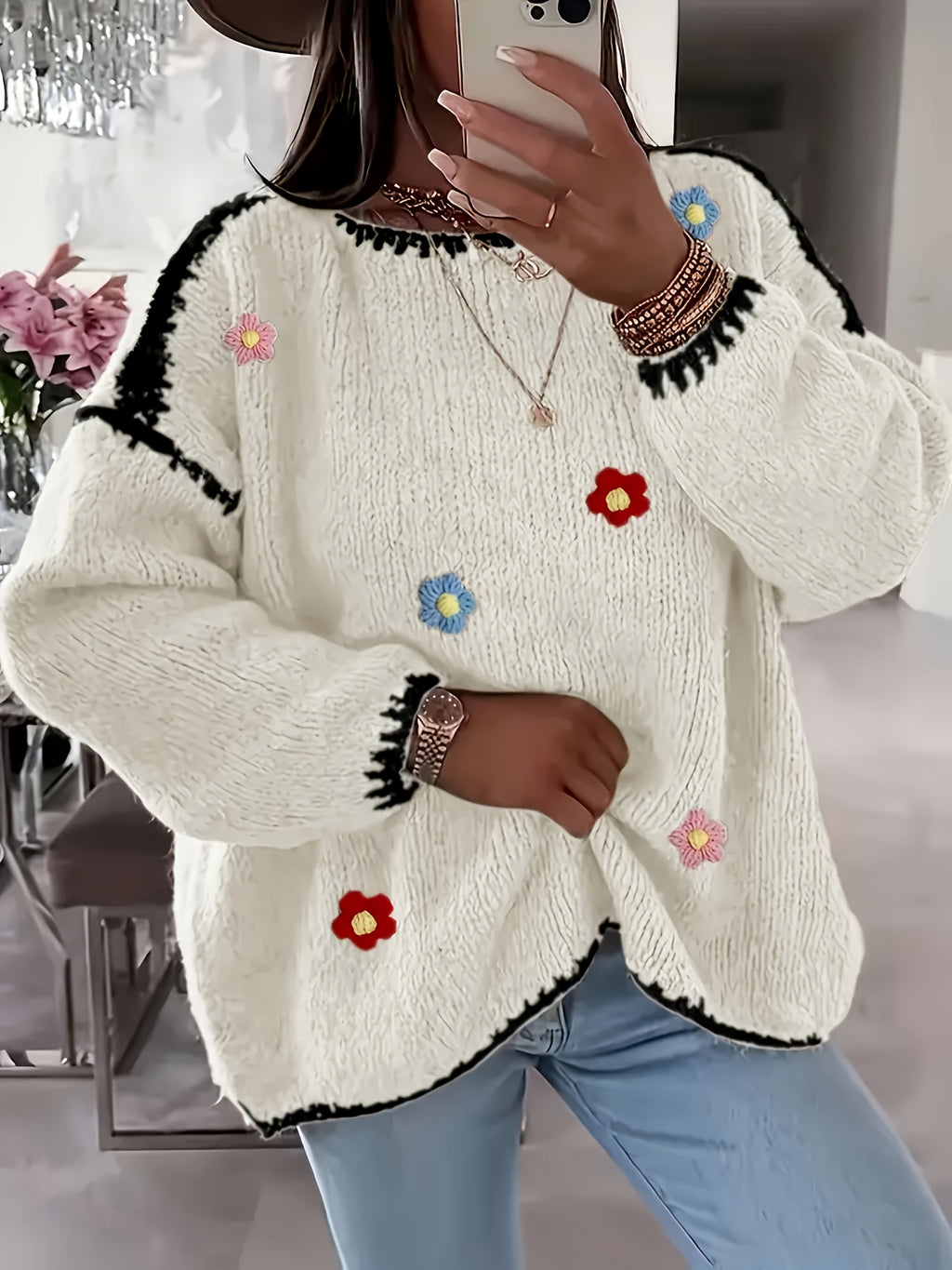 Lirielle | Damski sweter w kwiaty – elegancki sweter zakładany przez głowę