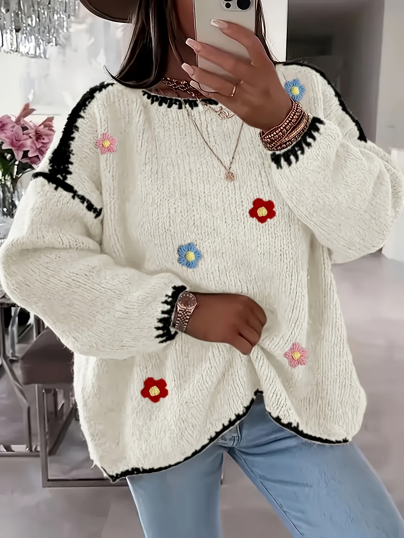 Lirielle | Damski sweter w kwiaty – elegancki sweter zakładany przez głowę