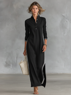 Lysoria | Minimalistyczna damska sukienka typu maxi w stylu bluzy – model z kołnierzykiem i zapięciem na guziki
