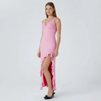 Sleeveless maxi dress - V-neck with elegant ruffled hem
