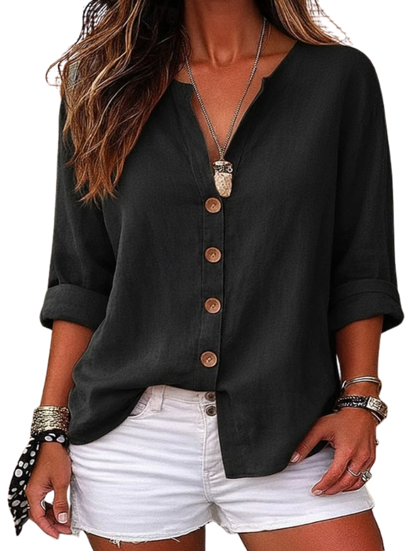 Valoria | Women's loose linen V-neck blouse – long sleeve