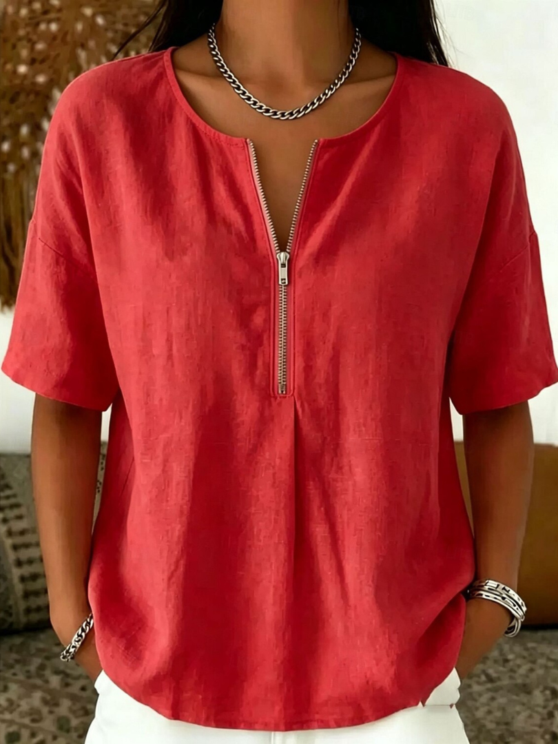 Marielle | Women's cotton and linen blouse – loose fit, V-neck with buttons
