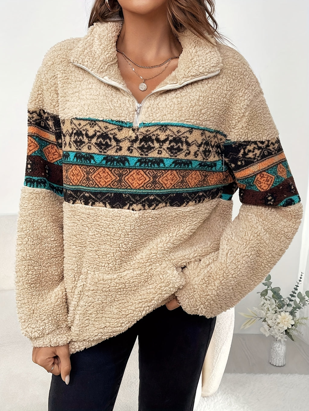 Elsinne | Damski sweter z wstawkami – dwustronny wzór