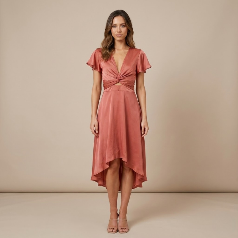 Modern women's summer dress with a twisted front - slim silhouette and casual style