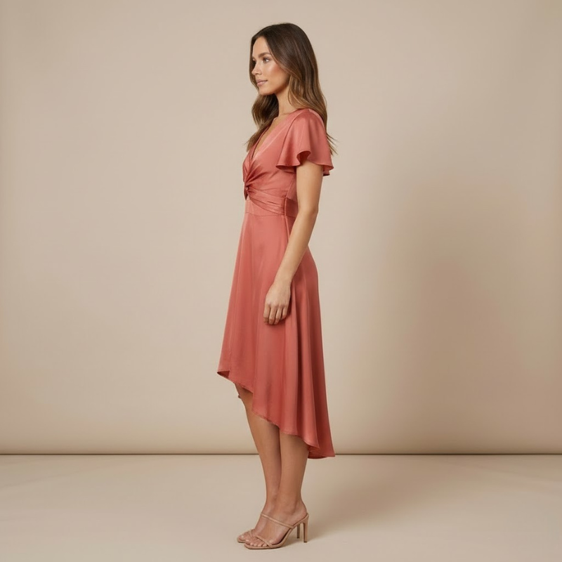 Modern women's summer dress with a twisted front - slim silhouette and casual style