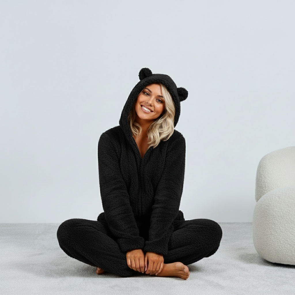 Audrina | Damska piżamowa kombinezon z polaru typu „teddy” – miękka piżama z kapturem