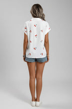 Women's Cherry Print Blouse with Buttons – Fun Short Sleeve Shirt