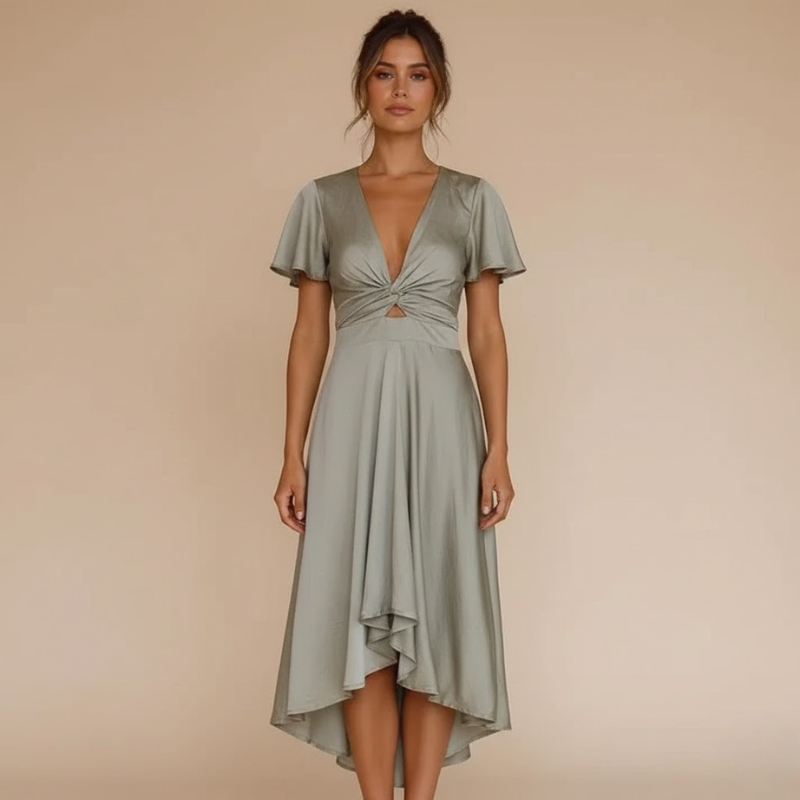 Nowoczesna letnia sukienka damska z wywiniętym przodem – smukła sylwetka i swobodny styl