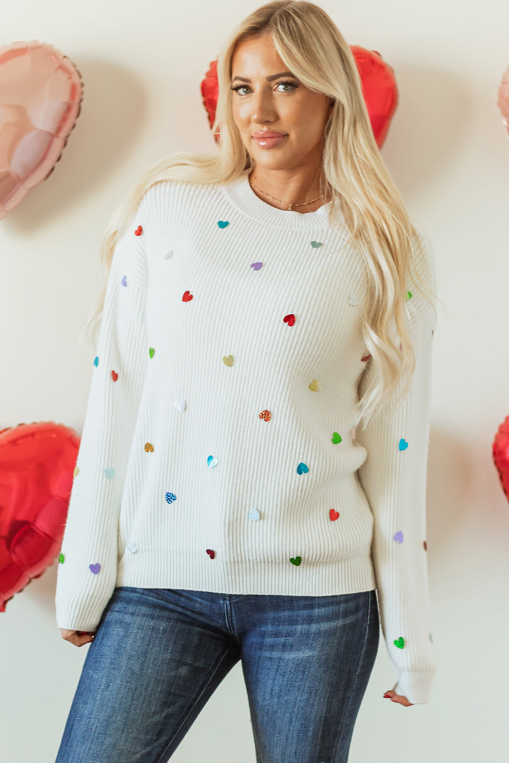 Arinda | Damski sweter z cekinowym sercem – sweter z okrągłym dekoltem z dzianiny waflowej