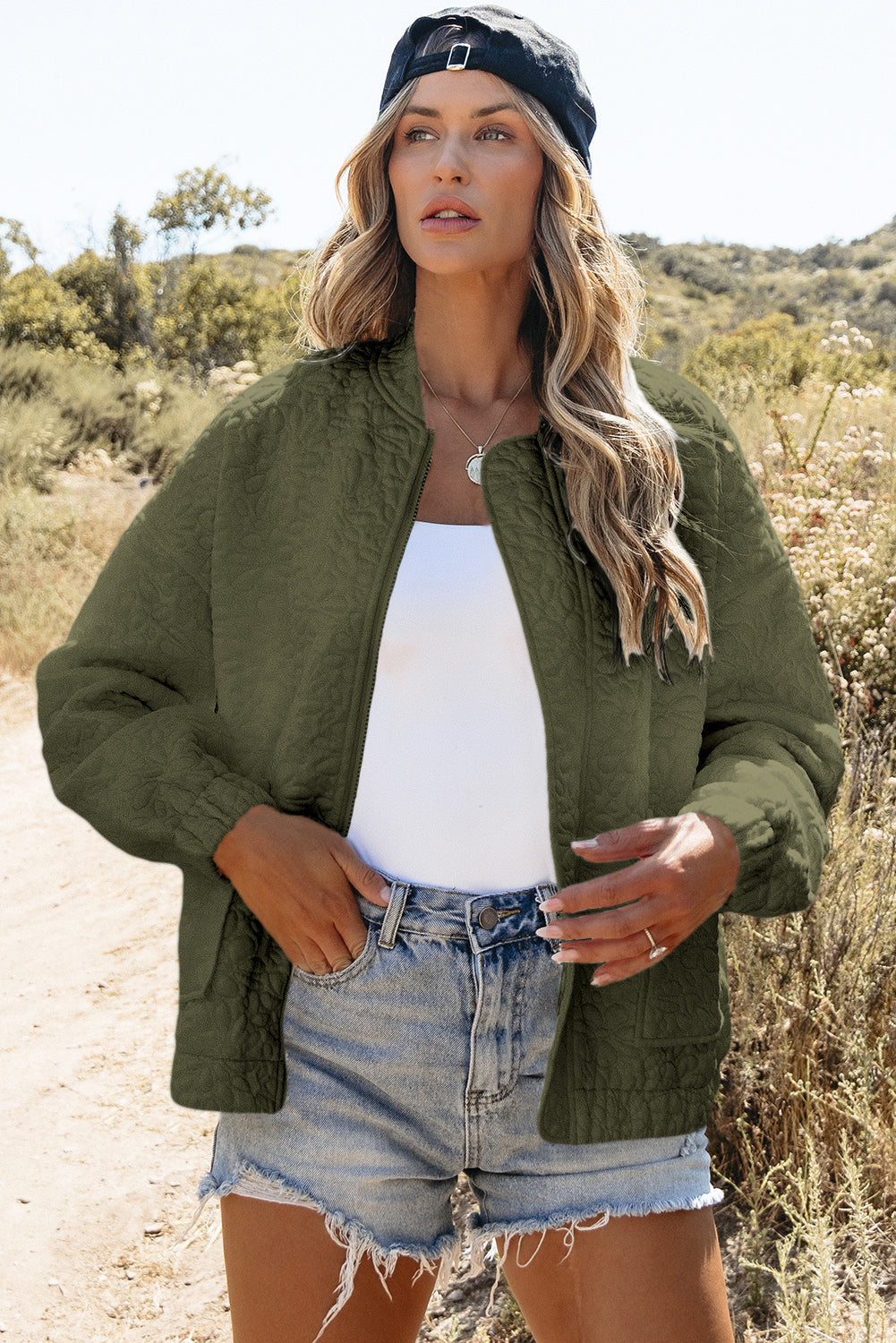 Maelle | Women's floral quilted jacket - jungle green zip-up jacket with a stand-up collar