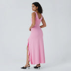 Sleeveless maxi dress - V-neck with elegant ruffled hem