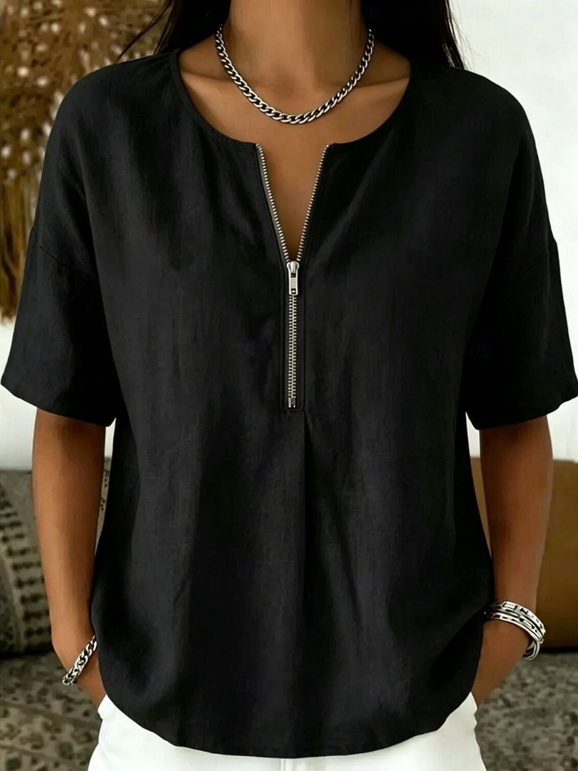Marielle | Women's cotton and linen blouse – loose fit, V-neck with buttons