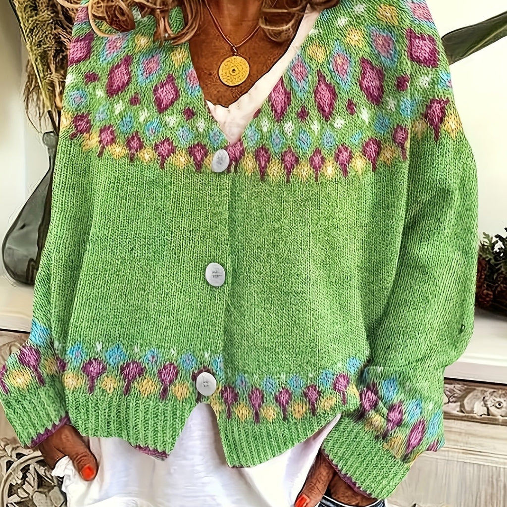 Noella | Damski kardigan w stylu Fair Isle – miękki sweter z długim rękawem