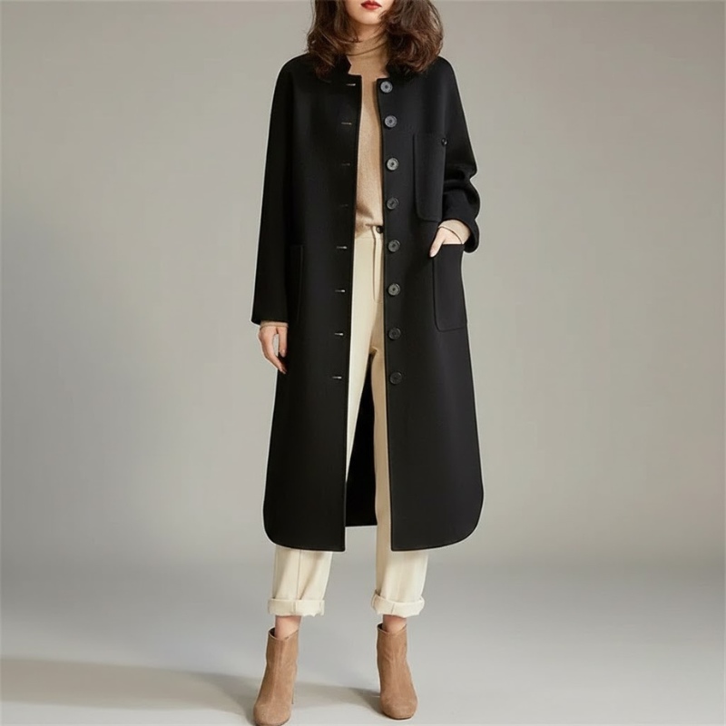 Nowoczesny damski długi płaszcz – elegancki element zimowej garderoby warstwowej