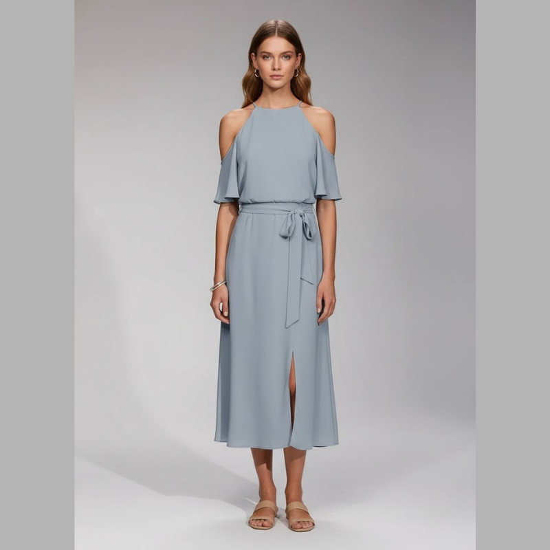 Elegancka sukienka midi typu halter na lato dla kobiet – pochlebny krój i przewiewna elegancja