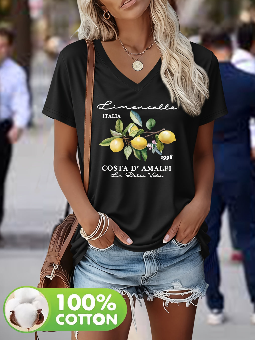 Wisteria | Damski T-shirt z dekoltem w serek – Krótkie rękawy,Nadruk graficzny