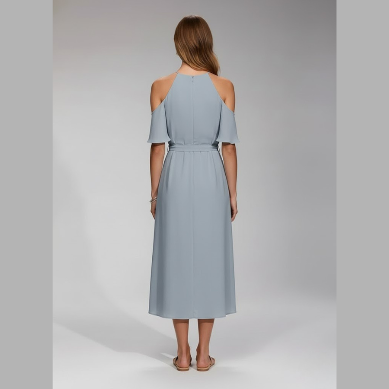 Elegancka sukienka midi typu halter na lato dla kobiet – pochlebny krój i przewiewna elegancja