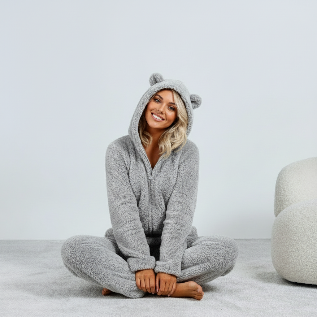 Audrina | Damska piżamowa kombinezon z polaru typu „teddy” – miękka piżama z kapturem