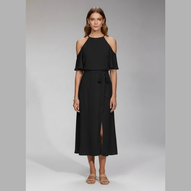 Elegancka sukienka midi typu halter na lato dla kobiet – pochlebny krój i przewiewna elegancja