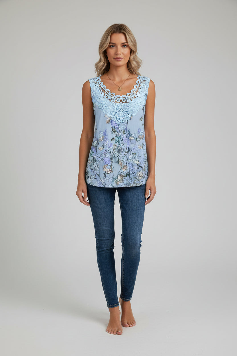 Damski top z koronką i kwiatowym wzorem w patchwork – elegancka bluzka bez rękawów
