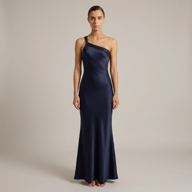 Elegantes, schulterfreies Satin-Maxikleid – atemberaubendes Abendkleid mit offenem Rücken