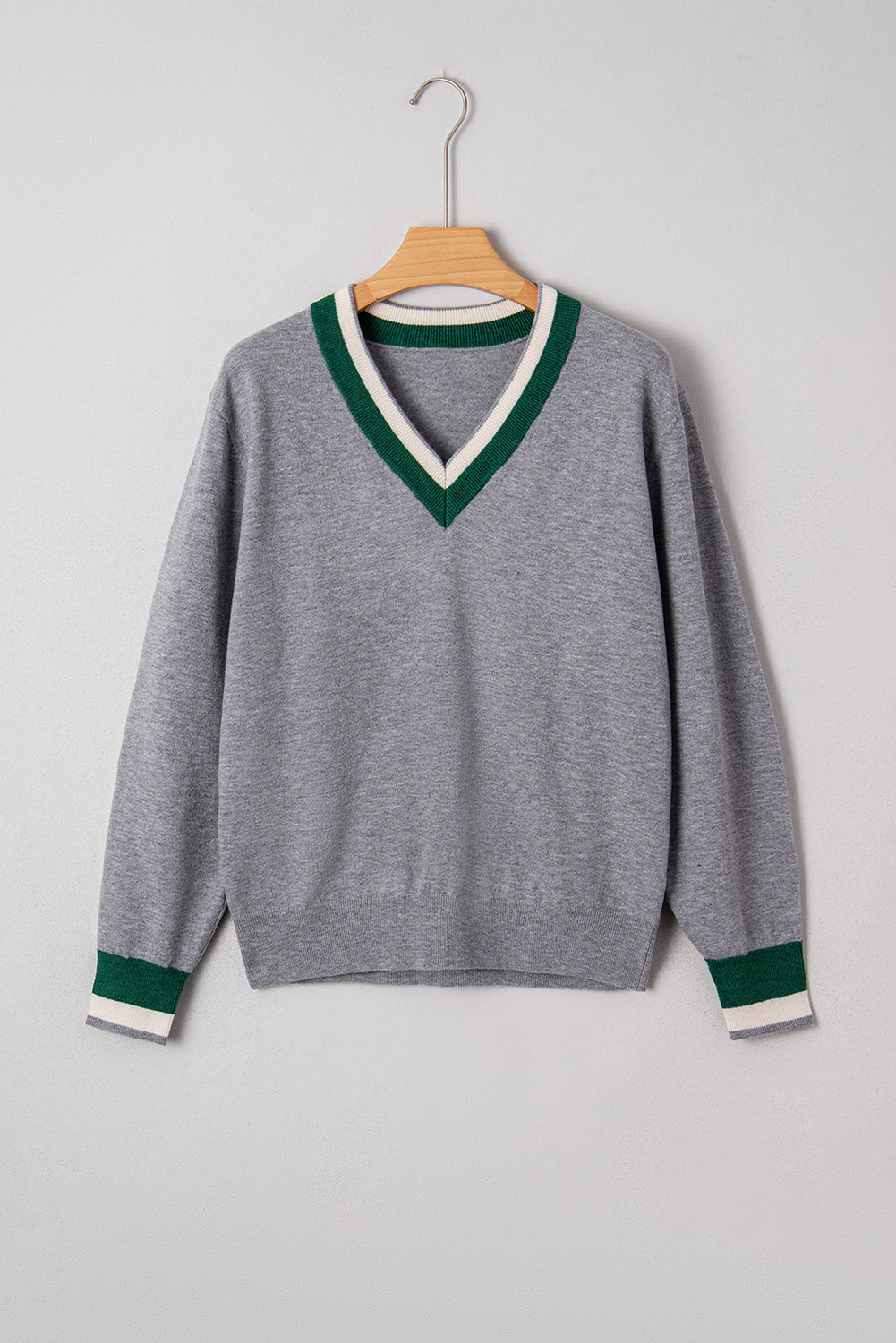 Belmira | Damska szara bluza w stylu varsity – sweter z dekoltem w serek