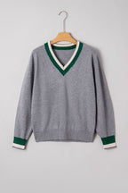 Belmira | Damska szara bluza w stylu varsity – sweter z dekoltem w serek