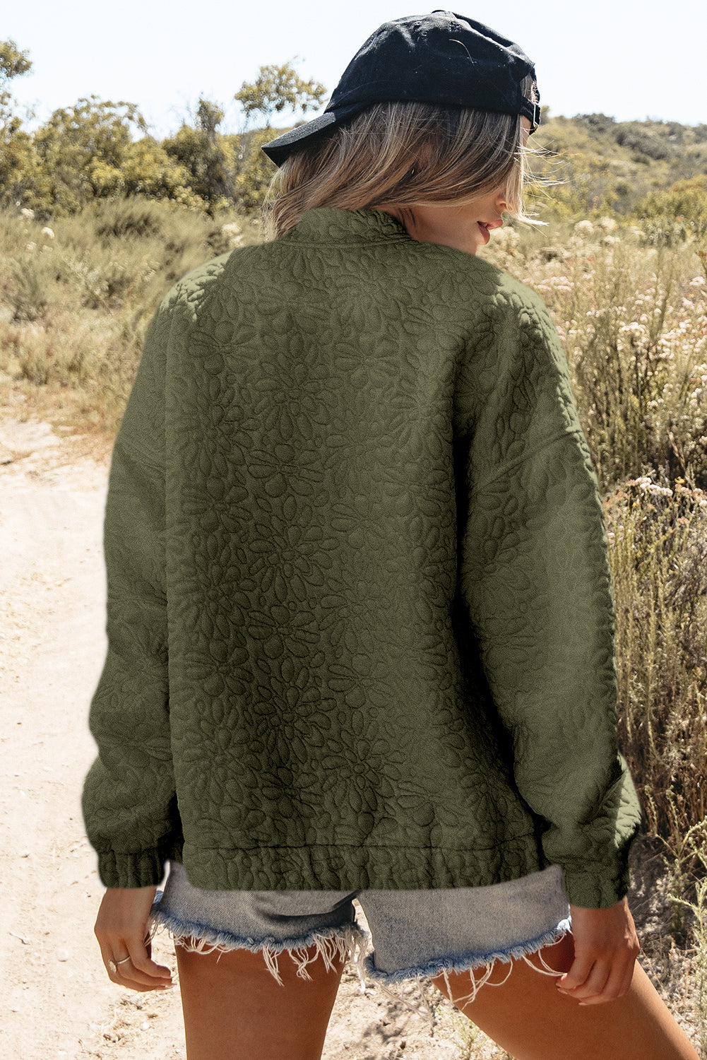 Maelle | Women's floral quilted jacket - jungle green zip-up jacket with a stand-up collar