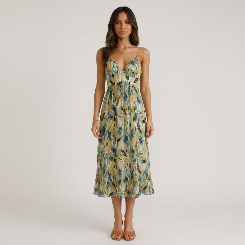 Promienna, kobieca sukienka midi – zwiewny, elegancki styl na lato dla kobiet