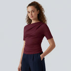 Asymmetrical neck top with ruching – flattering short sleeve top, for every day