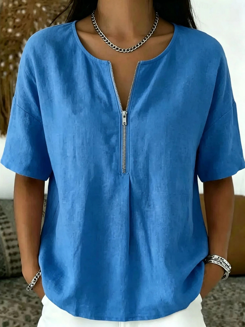 Marielle | Women's cotton and linen blouse – loose fit, V-neck with buttons